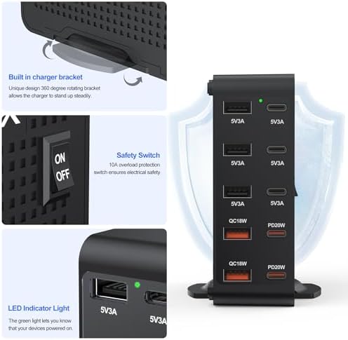 High-Speed 10-Port USB C Charging Station – 166 W Ga N Wall Charger with PD 20 W & QC 18 W for i Phone 15/14/13/12/11, i Pad, Samsung, Pixel 5 – Compact White-Silver Design for Universal Device Charging Convenience