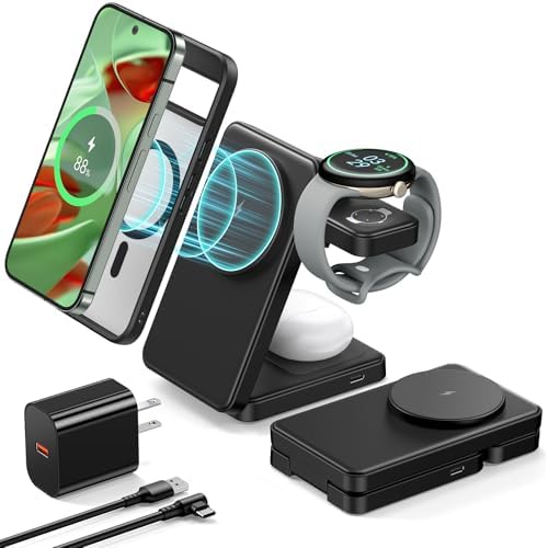 Revolutionary 3-in-1 Magnetic Wireless Charger for Google Pixel Devices – 15 W Fast Charging Stand for Pixel 9 Pro XL, 8, 7 Pro, and Pixel Watch 3/2 with 18 W Adapter – Enhanced Safety, Compatibility, and Versatile Charging Options for Pixel Buds Pro 2 – Ideal Gift for Tech Enthusiasts