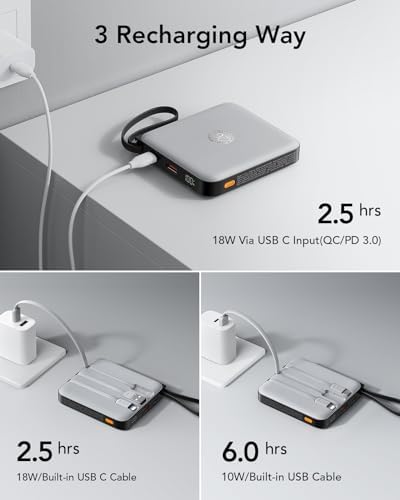 VRURC 10,000 m Ah USB C Portable Charger – Fast Charging Power Bank with Built-in Cable for i Phone 16/15/14, Galaxy S23/S22, Google Pixel & More – Lightweight Green Design for Ultimate Mobility and Reliability