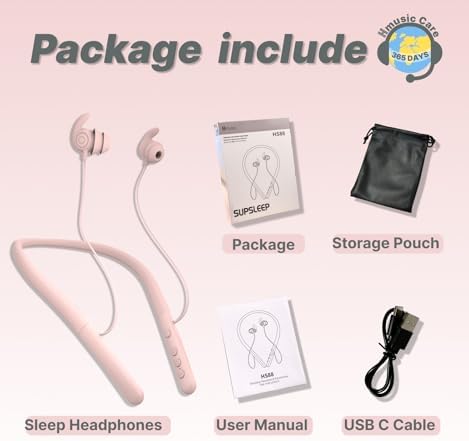 Experience Ultimate Comfort with Hmusic HS88 Wireless Bluetooth Neckband Headphones – Premium Noise-Cancelling Earbuds for Sleep, Yoga, and Travel – Soft Silicone Earplugs with -30 d B Sound Isolation, 12-Hour Playtime & Timer for Side Sleepers in Elegant Pink