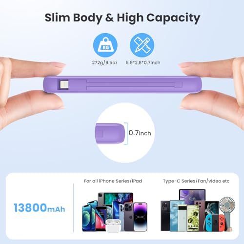 Ultimate USB C Power Bank with Dual Built-in Cables & AC Wall Plug – 13,800 m Ah Fast Charging Powerhouse for i Phone 16/15, Galaxy S23, Tablets – Compact LED Display, Universal Compatibility for On-the-Go Power Solutions