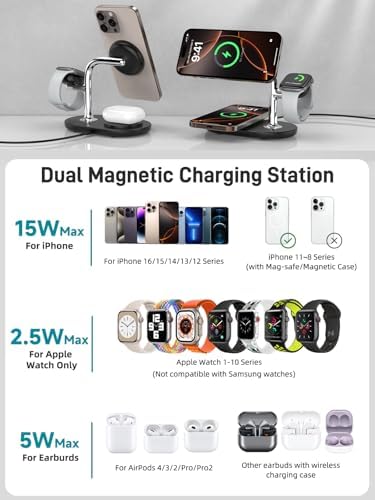 Revolutionary 3-in-1 Dual Magnetic Charging Station for i Phone 16, Apple Watch, and Air Pods Pro 2 – Fast Wireless Charger with Enhanced Compatibility, Sleek Design, and LED Status Indicator for Effortless Power Management