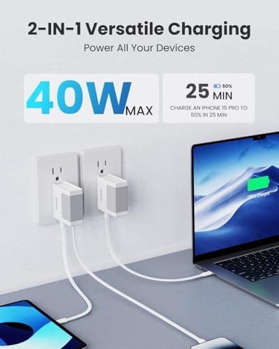 Revolutionary 40 W Fast Charging Portable USB Phone Charger Block with Retractable 31.5-inch Lightning Cable – Compact Wall Adapter with USB-C Port and Foldable Plug for i Phone 14/13/12, Perfect for Travel and Everyday Use