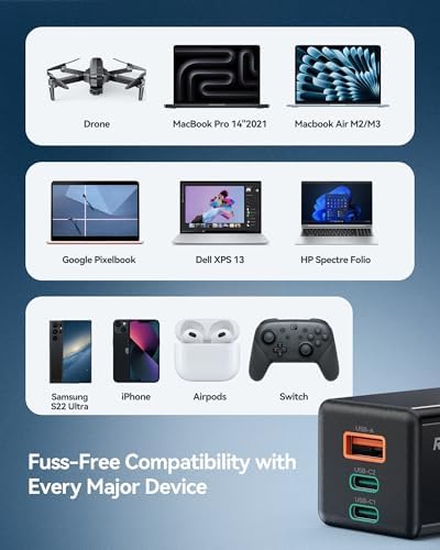 Ruko PD65 W Ga N Fast Charger – Ultra-Compact 3-Port USB-C Wall Adapter for Rapid Charging of i Phone 16/15, Mac Book Pro/Air, Galaxy S24, Pixel & More – Travel-Ready Foldable Design with Universal Compatibility for All Devices, Enhanced Efficiency for On-the-Go Power Needs