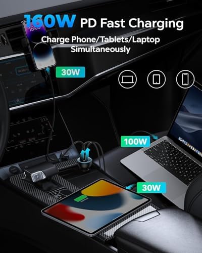 160 W Baseus USB-C Car Charger – Triple-Port Fast Charging Adapter with QC5.0, PD3.0 & PPS for i Phone 15/14/13 Pro, Samsung S22, i Pad & Mac Book Pro – Ultimate Compatibility & Efficiency for Road Trips and Daily Commutes