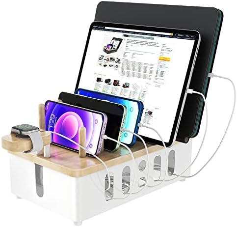 Modern Matte Black Multi-Device Charging Station with Wood Accents – Fast and Efficient Organizer for Phones, Tablets, and Smartwatches – Stylish Desk Accessory for Enhanced Workspace Organization and Productivity