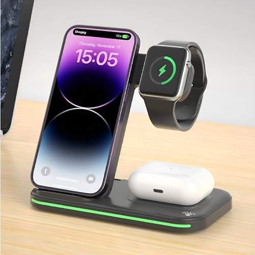 Ultimate 3-in-1 Wireless Charging Dock for i Phone, Apple Watch & Air Pods – MMOBIEL’s 15 W Fast Charging Station with Stylish Magnetic Foldable Design – Sleek Black Finish for Enhanced Compatibility and Efficient Power Delivery