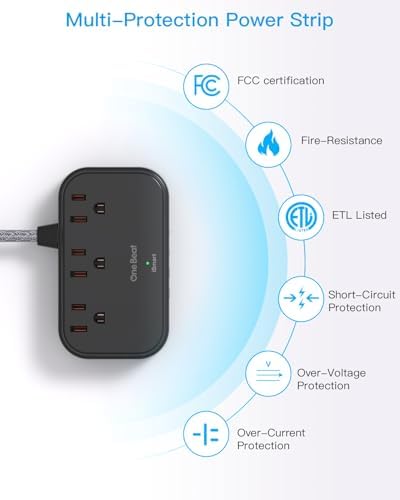 Optimize Your Travel Experience with One Beat Power Strip: 5 Ft Flat Extension Cord Featuring 3 AC Outlets & 4 USB Ports (2 USB-C) – Ideal for Cruise Ships, Dorm Rooms, and On-the-Go Charging – Compact, Non-Surge Protector Design for Enhanced Compatibility & Rapid Device Charging