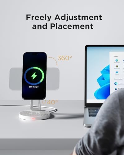 PISEN 2-in-1 Magnetic Wireless Charger Stand – Fast Charging Station for i Phone 12-16, Samsung & Air Pods – Sleek Fiber Surface, Dual Device Compatibility, Effortless Magnetic Alignment, Ideal for Home and Office Use