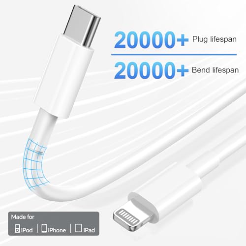 MFi Certified 20 W Fast Charger Bundle for i Phone 14, 13, 12, 11 – 3 Pack USB-C Charger Blocks with 3 FT, 6 FT, & 10 FT Lightning Cables – Ultimate Compatibility & Rapid Charging Solution for i Phone Models Including Pro, Pro Max, Xs, Xr – Portable & Durable Design for Home, Office, & Travel
