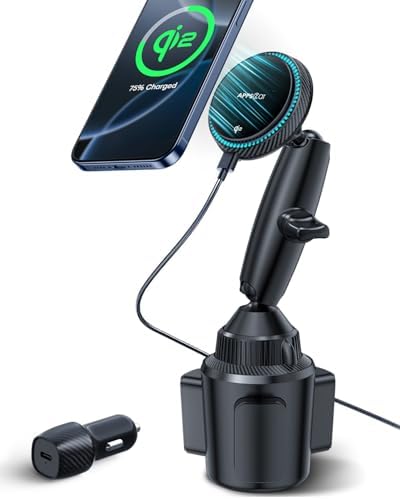 Tri-Pivot Magnetic Wireless Cup Holder Charger for i Phone 12-16 Series – Fast Charging with Cooling Fan, Adjustable Car Mount for Secure Device Support – Includes Car Adapter for Seamless Compatibility
