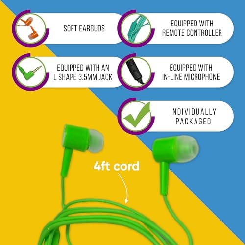 Affordable Bulk Wired Earbuds – 20 Pack In-Ear Headphones with 3.5 mm Jack for Classroom and Group Use, Tangle-Free 4 ft Cables, Comfortable Ergonomic Design for Extended Listening Sessions, Enhanced Compatibility for Smartphones and Laptops, Ideal Audio Solution for Students and Events