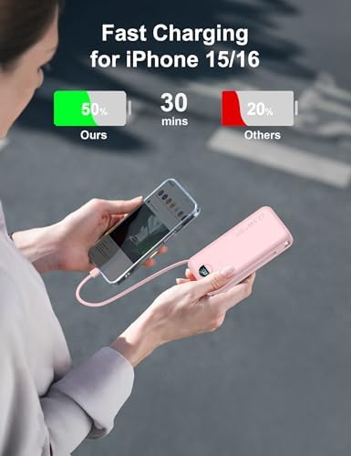 Ultra-Portable 20000 m Ah Power Bank with Built-In Cables & AC Plug | PD 20 W Fast Charging for i Phone, Samsung, Android | LED Display Travel Charger – Charge Multiple Devices Seamlessly and Stay Powered On-the-Go