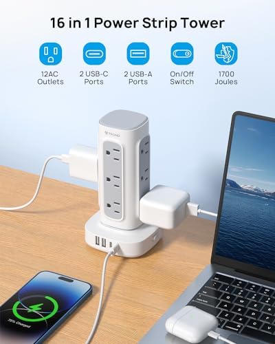 TROND Power Strip Tower with Retractable Design – 5 ft Flat Plug Extension Cord Featuring 5 AC Outlets and 20 W USB-C Fast Charging Ports, 1700 Joules Surge Protection for Home Office and Dorm Room Efficiency – Ultimate Connectivity Solution