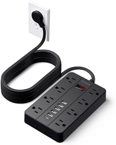 HUNIAN 5 Ft Flat Plug Power Strip with 8 Outlets and 6 USB Ports, Including USB-C Charger – Ultimate Surge Protector for Efficient Home and Office Charging Solutions, Compact Design for Desk and Travel Use, Black