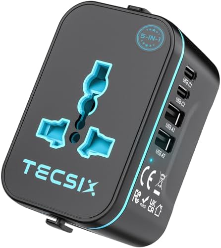 Global Travel Power Adapter with Dual USB-C & USB-A Ports – Compact 240 V AC Charger for International Use in EU, US, UK, AUS – Fast Charging Solution for Modern Travelers – Sleek, Lightweight Design (Black/Blue)