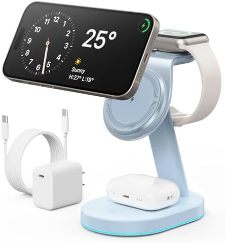 Ultimate 3-in-1 Wireless Charging Station for i Phone, Apple Watch, and Air Pods – Qi2 Certified 15 W Magnetic Charger with 30 W USB-C Adapter & Integrated Night Light – Streamlined Design for i Phone 16/15/14/13/12 – Superior Speed and Enhanced Compatibility for Modern Tech Users