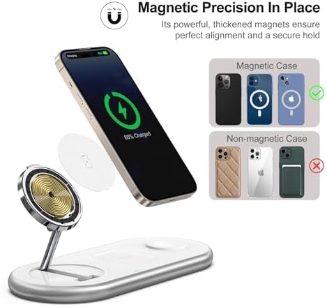 Sleek 3-in-1 Magnetic Charging Station for Apple Devices – Fast Mag-Safe Wireless Charger Stand for i Phone 16/15/14/13/12, Apple Watch, and Air Pods – Elegant Golden Design with Enhanced Compatibility and Safety Features