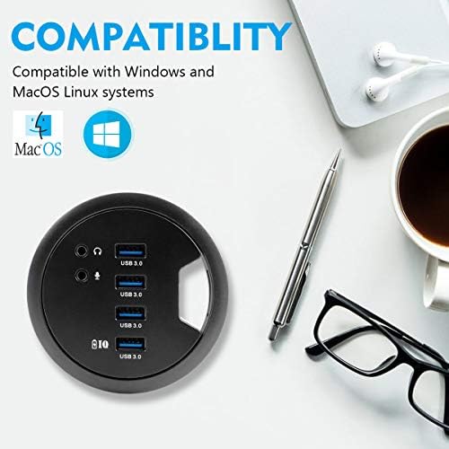 Streamline Your Workspace with the WDX Desk-Fit 4 Port USB 3.0 Hub – Compact 3.14″ Diameter Design with 5 Gbps Data Transfer, 3.5 mm Audio Mic Jack, and BC 1.2 USB Charger for i Phone & Smartphones – Ultimate Connectivity Solution for Professionals and Tech Enthusiasts