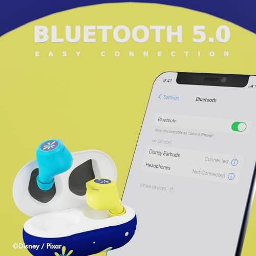 Disney/Pixar Inside Out 2 Joy-Inspired Bluetooth Earbuds – Premium Audio Quality with Integrated Mic for Easy Hands-Free Calling – 30-Hour Playtime with Stylish Charging Case – Perfect Gift for Inside Out Fans of All Ages – Lightweight, Durable Design for Kids and Adults