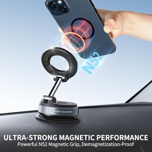 Vacuum Suction Magnetic Phone Holder, 2025 Upgraded Vacuum Suction Cup Mount for Magsafe, 360° Adjustable Foldable Portable Magnetic Car Phone Stand for Cars/Gyms/Mirrors/Smooth Surface (White) – Enhanced Compatibility and Speed
