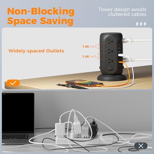 TESSAN Tower Power Strip Surge Protector – 12 Outlets with Individual Switches, 5 Fast-Charging USB Ports (2 USB-C), 10 Ft Flat Extension Cord with Discreet Plug Design – Ideal Multi-Device Charging Station for Office and Dorm Use