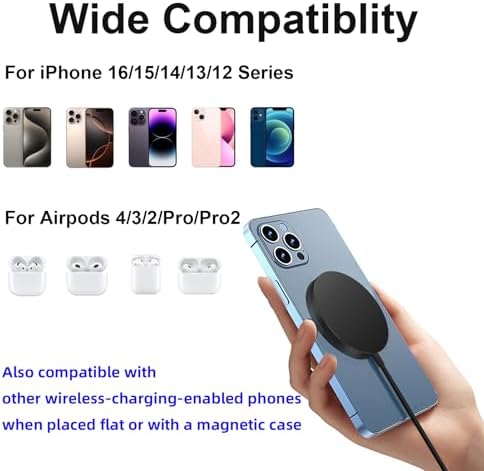 Mag Safe Charger 2 Pack – 15 W Magnetic Wireless Fast Charging Pads for i Phone 16/15/14/13/12 & Air Pods – Slim, Portable Design with Durable Aluminum Alloy – Quick USB-C/A Compatibility – Stylish Silver Finish for Ultimate Convenience and Efficiency