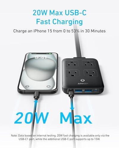 Anker 20 W Max 8-in-1 USB-C Power Strip: The Ultimate Fast Charging Station for i Phone 15/14 & Mac Book Air/Pro, Featuring 4 AC Outlets, 2 USB-A & 2 USB-C Ports, Ideal Travel & Office Desktop Charger with 5 ft Slim Cord for Enhanced Mobility and Compatibility