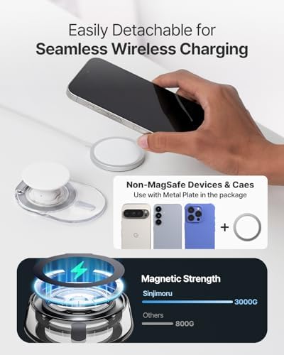Maximize Your Smartphone Utility with the Sinjimoru Mag Safe-Compatible Phone Grip Stand – 3000 G Kickstand for i Phone 12 to 16, Includes Adaptor Ring for Effortless Hands-Free Use, Stylish Clear Black Design for Modern Aesthetics
