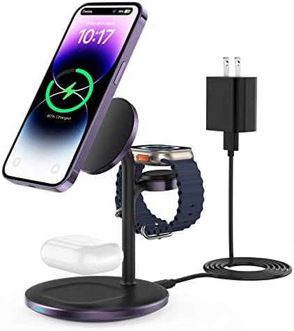Sleek Yellow Wood Grain 3-in-1 Wireless Charging Station for Apple Devices – Fast 15 W Mag-Safe Charger with QC 3.0 Adapter for i Phone 16/15/14/13/12, Apple Watch Ultra/S9/8, and Air Pods – Elevate Your Workspace with Ultimate Compatibility and Modern Aesthetics, Perfect for Streamlined Charging Solutions