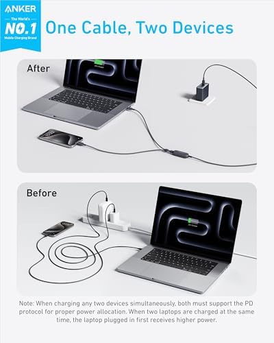 Anker Cable,6FT 2-in-1 USB C to USB C Cable 140W Max,Fast Charging for iPhone 16/16 Pro Max/15 Series,MacBook Air/Pro,and More(Braided,Black) – Enhanced Compatibility and Speed