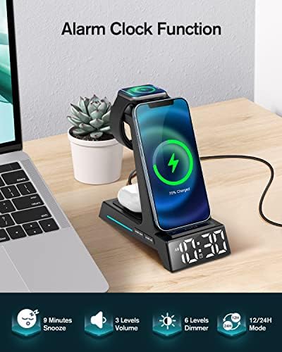 Revolutionize Your Charging Routine with the 4-in-1 Wireless Charging Station Featuring Alarm Clock – Ideal Dock for i Phone 16, 15, 14, 13, 12, 11, X, 8, Air Pods 3/Pro & Apple Watch Series 9-2 – Ultimate Speed & Compatibility for Modern Devices