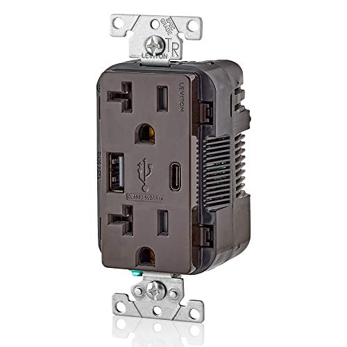 Leviton Dual USB In-Wall Charger with 20 A Tamper-Resistant Outlet – Type A & Type-C Compatibility for Smartphones and Tablets, Light Almond Finish – Streamlined Charging Solution for Home and Office Spaces
