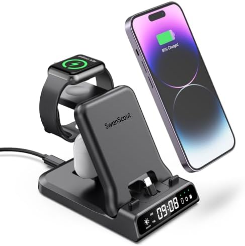 Swan Scout 701 A 3-in-1 Fast Charging Dock: 25 W Multi-Device Power Hub for i Phone 14 Pro Max/13/12/11/X/8 Plus, Apple Watch Series 9/8/7/6 & Air Pods – Stylish, Efficient Charging Station for Home & Office Organization