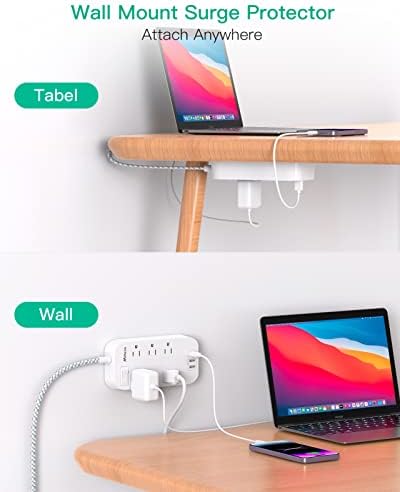 10 FT Flat Plug Power Strip with 6 Outlets and 4 USB Ports – Overload Protection Surge Protector for Home & Office – Versatile Wall Mount Desktop Charging Station for Efficient Power Management and Fast Device Charging