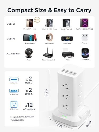Ultimate Surge Protector Power Strip with 12 AC Outlets and 4 USB Ports, Featuring 6 FT Flat Plug Extension Cord for Maximum Flexibility – 1200 Joules Overload Protection for Home Office and Dorm Room Use – Enhance Device Safety and Charging Speed