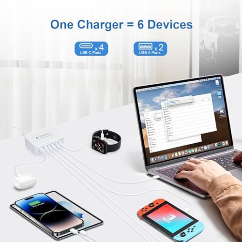 High-Power 100 W USB-C Fast Charging Hub with 6 Ports & 5 ft Cord – Advanced Ga N Technology for Rapid Multi-Device Charging, Compatible with i Phone 16/15/14/13/12 Pro Max, i Pad, Samsung Galaxy, and Google Pixel – Ideal Travel Charger for Efficient Power Management