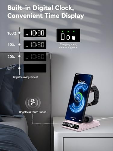 Upgrade Your Charging Experience with the Premium 3-in-1 Wireless Charger Station for Samsung Devices – Ultra-Fast Dock for Galaxy S24 Ultra, S23 Ultra, Z Flip 6, Fold 5, Galaxy Watch 7/6/5 Pro, and Buds – Modern Wood Grain Design with Integrated Clock for Enhanced Organization and Style