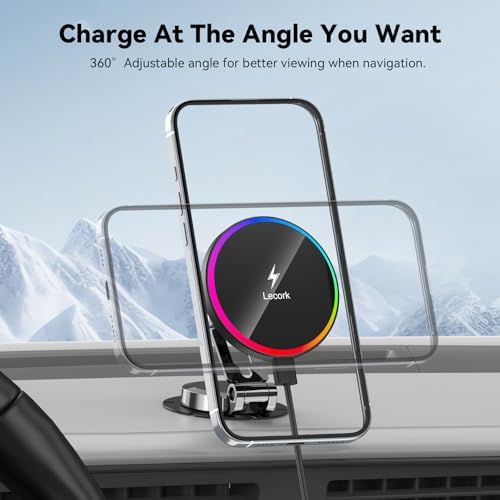 Mag Safe Car Mount Charger with 15 W Fast Wireless Charging – Magnetic Air Vent Holder for i Phone 12-16 Pro Max & Samsung S25 Series – Stylish RGB LED Design for Enhanced Compatibility and Efficient Power Delivery