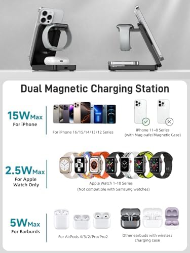 Ultimate 3-in-1 Wireless Charging Station for Apple Devices – Dual Mag Safe Charger for i Phone 16 Pro Max/14/13/12, Air Pods, and Apple Watch – Foldable Travel-Friendly Design for Fast Efficiency and Enhanced Compatibility