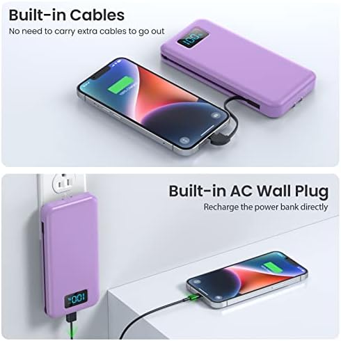 Ultra-Slim 13800 m Ah Portable Charger with Built-in Cables & AC Plug – Multi-Device USB-C Power Bank with 4 Outputs & LCD Display for i Phone, Samsung, and Android – Effortless Charging on the Go