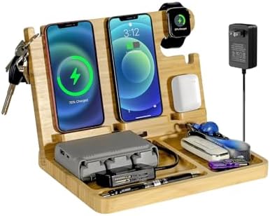 Eco-Friendly Wood Phone Docking Station with Dual 27 W Fast Charging for i Phone, Samsung, Apple Watch & Air Pods – Stylish Nightstand Organizer and Ideal Gift for Men and Women on Birthdays or Anniversaries