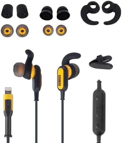 DEWALT Heavy Duty Lightning Earphones – Ultimate Jobsite Headphones for i Phone 14 and Older, Water-Resistant Design for Superior Durability, Enhanced Audio Clarity, Ergonomic Fit for Long-Lasting Comfort, Ideal for Professionals on the Go