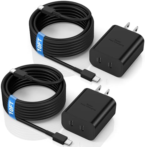 High-Speed Dual 45 W Charger Set with 10 ft USB-C Cable – Optimal Charging Solution for Samsung Galaxy S24/S23/S22/S21/Note 20/Note 10+ – Advanced Safety Features & Extended Reach for Android Devices