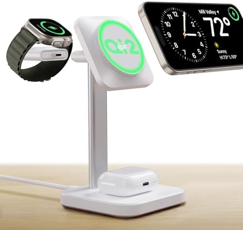 ESR Qi2 3-in-1 Wireless Charging Station – Fast 15 W Mag Safe Charger for i Phone 16/15/14/13, Certified Apple Watch & Air Pods Charger, Sleek White Design for Home or Office – Ultimate Multi-Device Charging Solution with Enhanced Compatibility and Speed