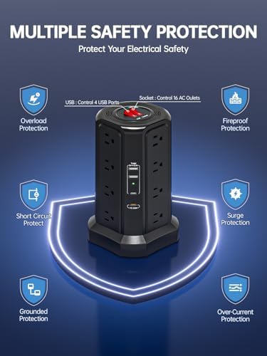Revolutionize Your Charging Experience: 10 FT Surge Protector Power Strip Tower with 16 Outlets & 4 USB Ports – Efficient Desk Charging Station for Home, Office, or Dorm Room – Ultimate Space-Saving Solution with Robust 1625 W Power Output and Enhanced Safety Features