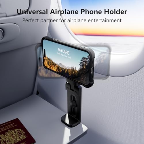 MiiKARE Airplane Travel Essentials Magnetic Phone Holder, Universal Handsfree Phone Mount for Flying with 360 Degree Rotation, Travel Must Haves Phone Stand for Desk, Tray Table, Black – Enhanced Compatibility and Speed