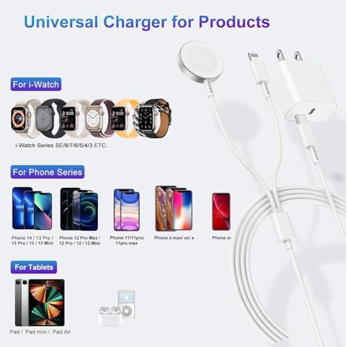 Revolutionary 2-in-1 USB C Charger for Apple Watch & i Phone – 6 FT Magnetic Fast Charging Cable with USB-C Wall Adapter – Compatible with Apple Watch Series 8/7/6/SE/5/4 & i Phone 14/13/12 – Ultimate Convenience & Enhanced Durability for On-the-Go Charging Solutions