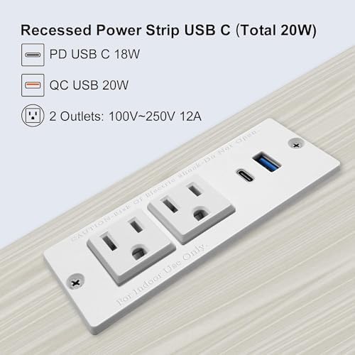 Recessed USB C Power Station for Fast Charging: 2 Outlets & 2 USB Ports (PD20 W & QC18 W) – Space-Saving Desktop Power Strip with Flat Plug for Easy Mounting on Desks, Sofas, Cabinets, and Nightstands (Sleek Black Finish) – Optimal Power Supply Solution for Home & Office Use