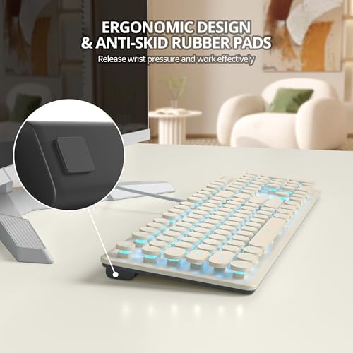 Elevate Your Workspace with the Fogruaden Retro Typewriter Keyboard – Stylish Full-Size USB Design, 104 Round Keys, and White LED Backlighting for Effortless Night Use, Ergonomic & Silent Membrane Keys Perfect for Windows PC and Laptops, Ideal for Writers and Gamers Seeking a Unique Vintage Touch